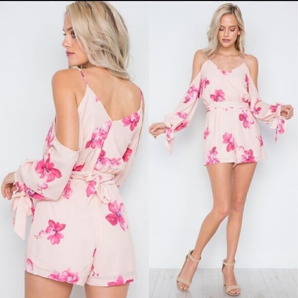October Love Pink Floral Ladies Cold Shoulder Summer Shorts Romper Jumpsuit - Picture 3 of 11
